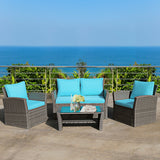 4 Pieces Patio Rattan Furniture Set Sofa Table with Storage Shelf Cushion-Turquoise