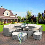 7 Pieces Patio Rattan Dining Furniture Sectional Sofa Set with Wicker Ottoman-Beige