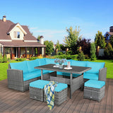 7 Pieces Patio Rattan Dining Furniture Sectional Sofa Set with Wicker Ottoman-Turquoise