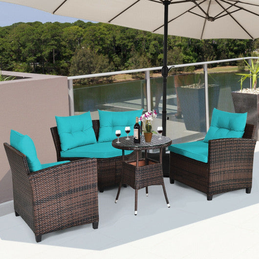 4 Pieces Outdoor Cushioned Rattan Furniture Set-Turquoise