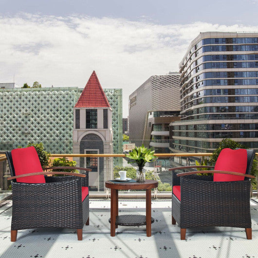 3 Pieces Patio Rattan Furniture Set with Washable Cushion and Acacia Wood Tabletop-Red