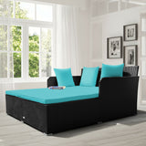 Spacious Outdoor Rattan Daybed with Upholstered Cushions and Pillows-Turquoise