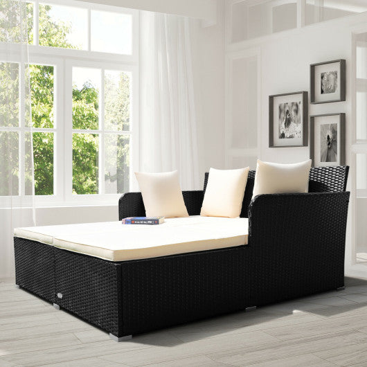 Spacious Outdoor Rattan Daybed with Upholstered Cushions and Pillows-White