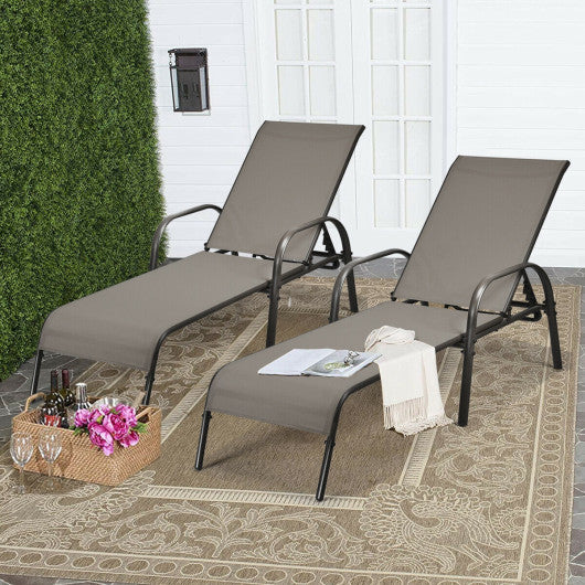 2 Pcs Outdoor Patio Lounge Chair Chaise Fabric with Adjustable Reclining Armrest-Brown