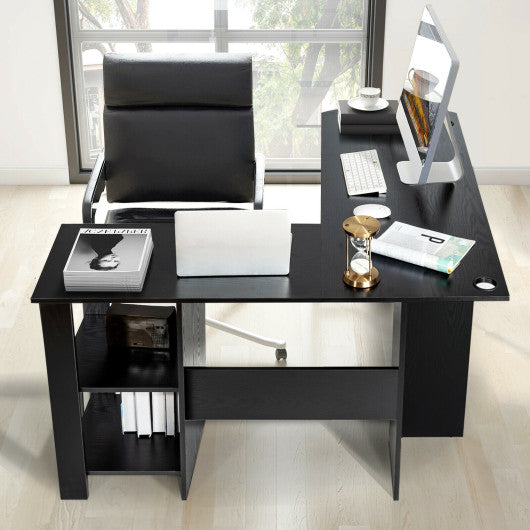 Modern L-Shaped Computer Desk with Shelves-Black