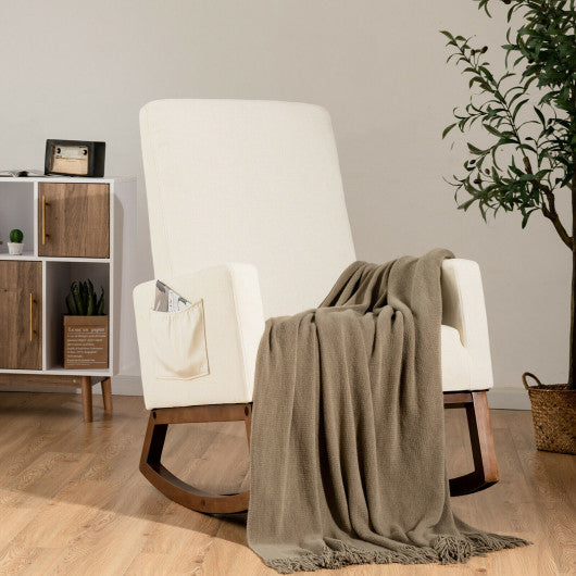 Rocking High Back Upholstered Lounge Armchair with Side Pocket-Beige