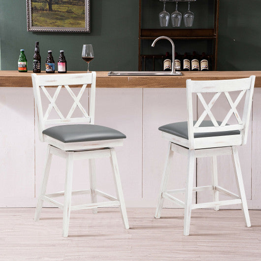 2 Pieces 24 Inch Swivel Counter Height Barstool Set with Rubber Wood Legs-White