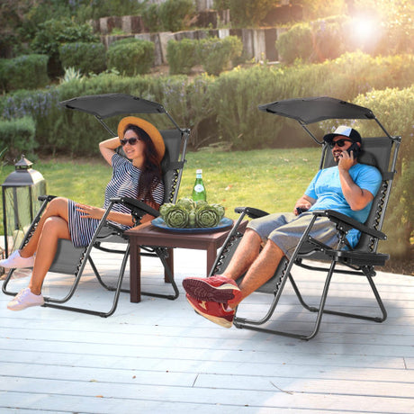 Folding Recliner Lounge Chair with Shade Canopy Cup Holder-Black