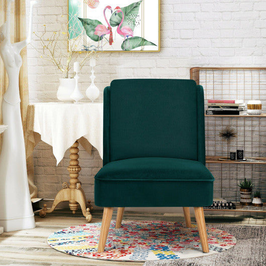 Velvet Accent Armless Side Chair with Rubber Wood Legs for Bedroom-Green