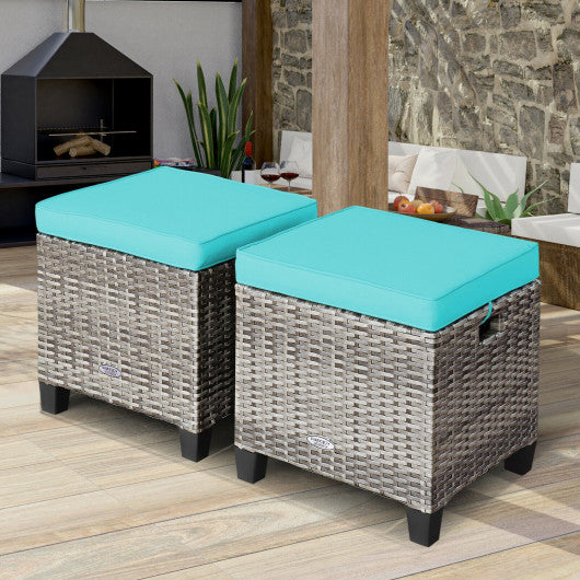 2PCS Patio Rattan Wicker Ottoman Seat with Removable Cushions-Turquoise