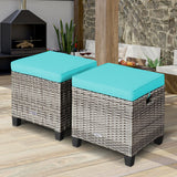 2PCS Patio Rattan Wicker Ottoman Seat with Removable Cushions-Turquoise