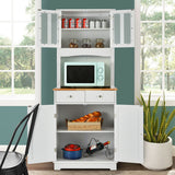 Kitchen Pantry Cabinet with Wood Top and Hutch-White