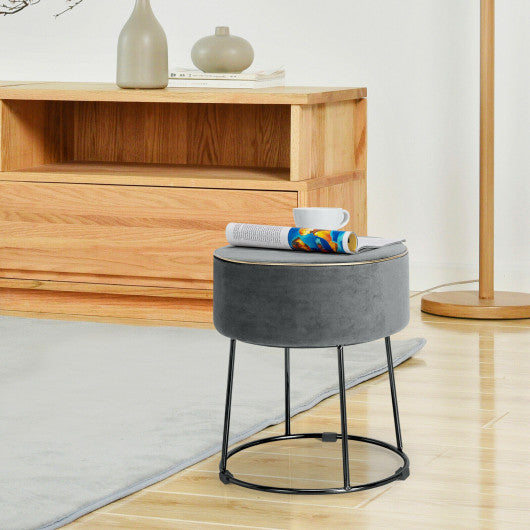 Round Velvet Footrest Stool Ottoman with Non-Slip Foot Pads for Bedside-Gray