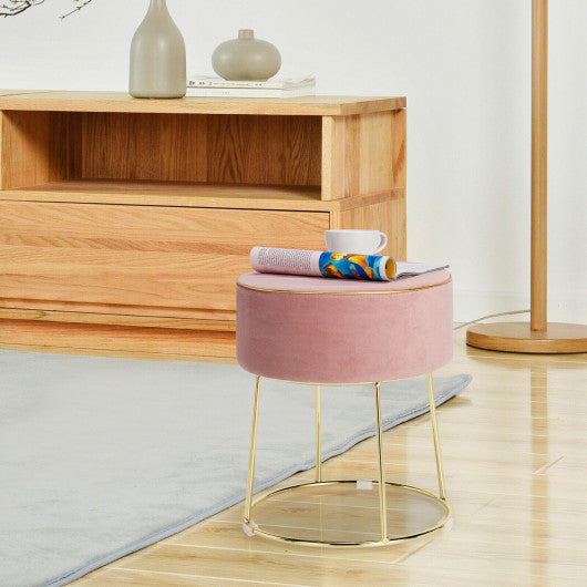 Round Velvet Footrest Stool Ottoman with Non-Slip Foot Pads for Bedside-Pink