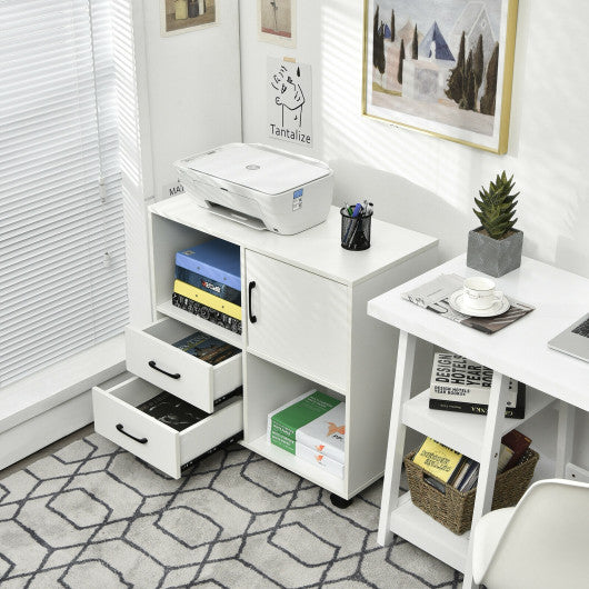 Mobile File Cabinet with Lateral Printer Stand and Storage Shelves -White