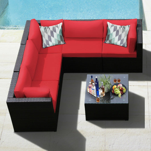 6 Pieces Patio Rattan Furniture Set Sectional Cushioned Sofa Deck-Red