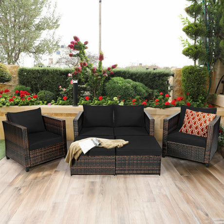 5 Pieces Patio Cushioned Rattan Furniture Set-Black