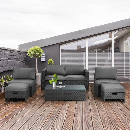 6 Pieces Patio Rattan Furniture Set with Glass Table and Cushioned Seat-Gray