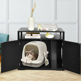 Wooden Cat Litter Box Enclosure Hidden Cat Washroom with Storage Layer-Black