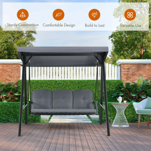 Outdoor 3-Seat Porch Swing with Adjust Canopy and Cushions-Gray