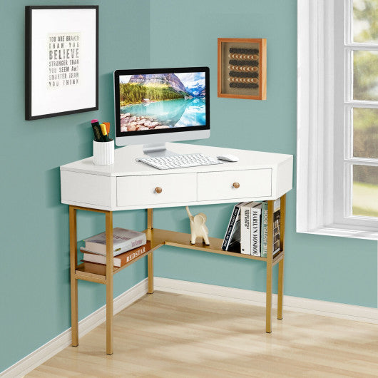 Space Saving Corner Computer Desk with 2 Large Drawers and Storage Shelf-Golden