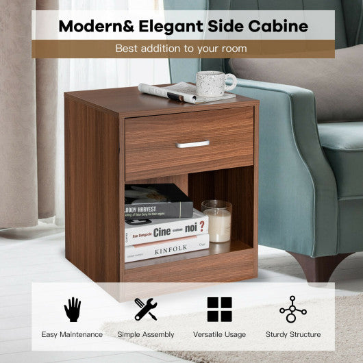 2 Pieces Nightstand with Storage Drawer and Cabinet-Brown