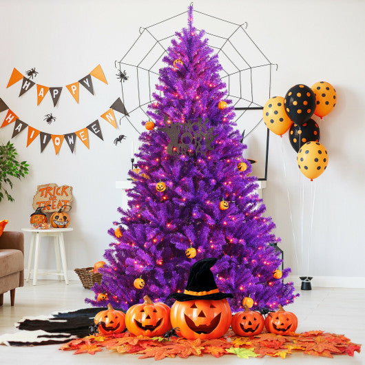 Artificial Prelit Purple Halloween Tree with Orange Lights and Pumpkin Ornaments-7'