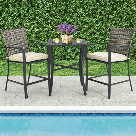 3 Pieces Patio Rattan Bar Furniture Set with Slat Table and 2 Cushioned Stools-Gray