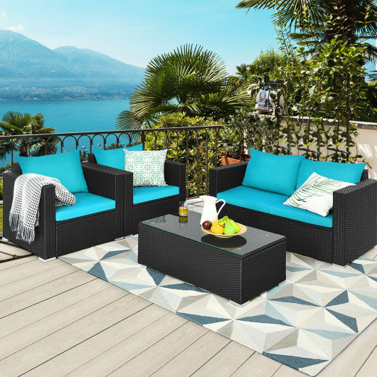 4Pcs Patio Rattan Cushioned Furniture Set-Turquoise