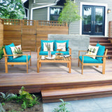 Outdoor 4 Pieces Acacia Wood Chat Set with Water Resistant Cushions-Turquoise