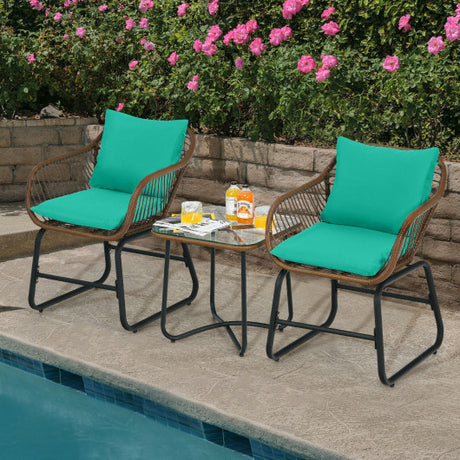 3 Pieces Patio Rattan Bistro Set Cushioned Chair Glass Table Deck-Turquoise