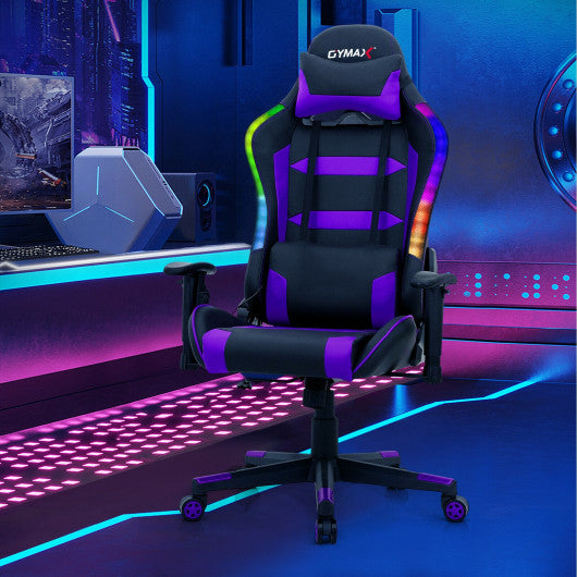 Adjustable Swivel Gaming Chair with LED Lights and Remote-Purple