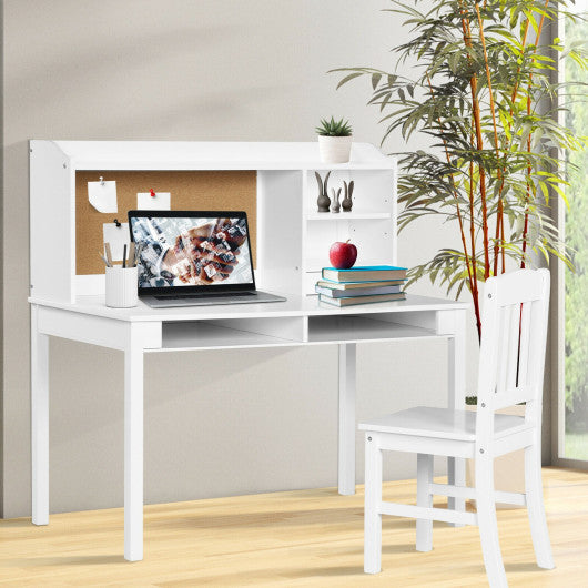 Kids Desk and Chair Set Study Writing Desk with Hutch and Bookshelves-White