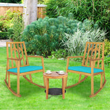 Patio Acacia Wood Rocking Chair Sofa with Armrest and Cushion for Garden and Deck-Turquoise