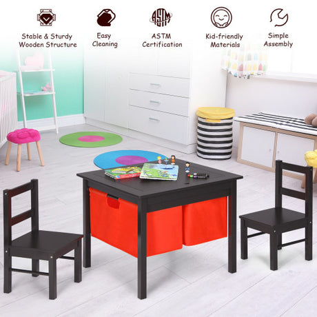 2-in-1 Kids Activity Table and 2 Chairs Set with Storage Building Block Table-Espresso
