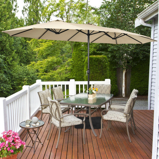 15 Feet Double-Sided Twin Patio Umbrella with Crank and Base-Beige