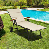 Outdoor Chaise Lounge Chair Rattan Lounger Recliner Chair-Beige