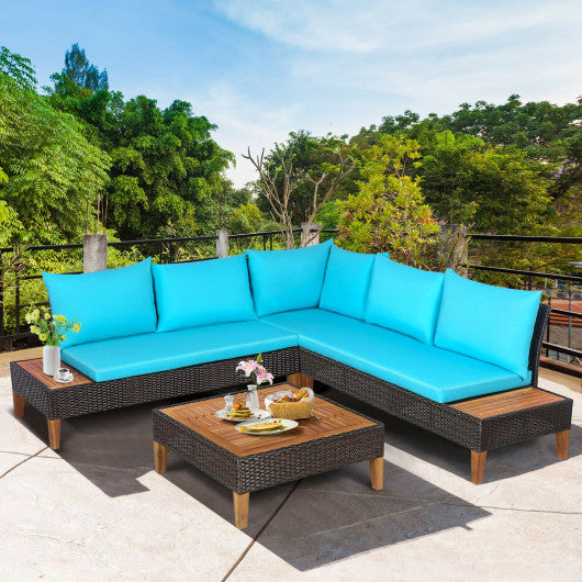 4 Pieces Patio Cushioned Rattan Furniture Set with Wooden Side Table-Turquoise