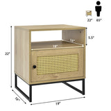 Wooden Side End Table with Cabinet and Rattan Decorated Door-Natural