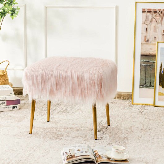 Faux Fur Vanity Stool with Golden Metal Legs for Makeup Room-Pink