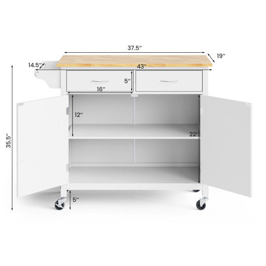 Modern Rolling Kitchen Cart Island with Wooden Top-White