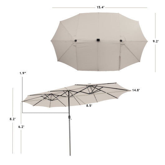 15 Feet Twin Patio Umbrella with 48 Solar LED Lights-Beige