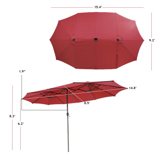 15 Feet Twin Patio Umbrella with 48 Solar LED Lights-Dark Red