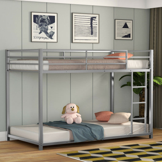 Sturdy Metal Bunk Bed Frame Twin Over Twin with Safety Guard Rails and Side Ladder-Silver