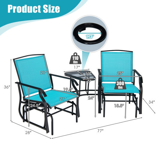 Double Swing Glider Rocker Chair set with Glass Table-Turquoise