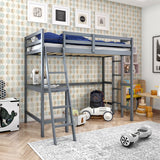 Twin Size Loft Bed Frame with Desk Angled and Built-in Ladder-Gray