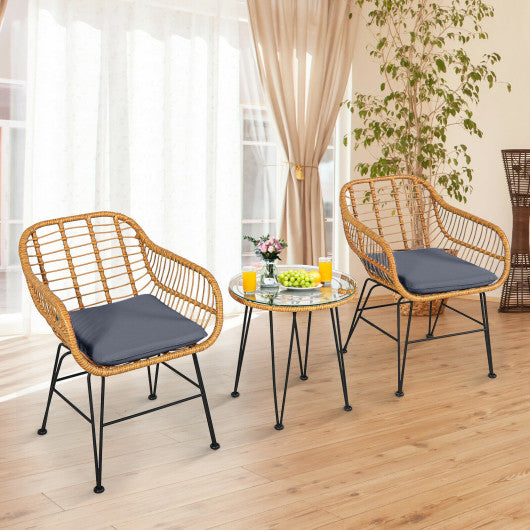 3 Pieces Rattan Furniture Set with Cushioned Chair Table-Gray