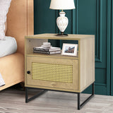 Wooden Side End Table with Cabinet and Rattan Decorated Door-Natural