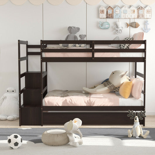 Twin Over Twin Bunk Bed with Storage Shelf and Drawer-Dark Brown