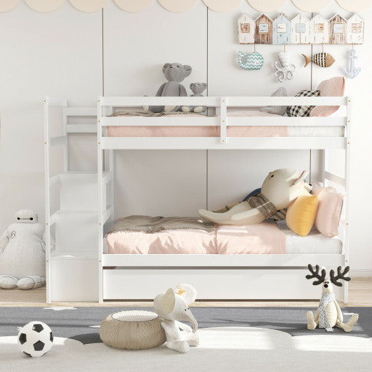 Twin Over Twin Bunk Bed with Storage Shelf and Drawer-White
